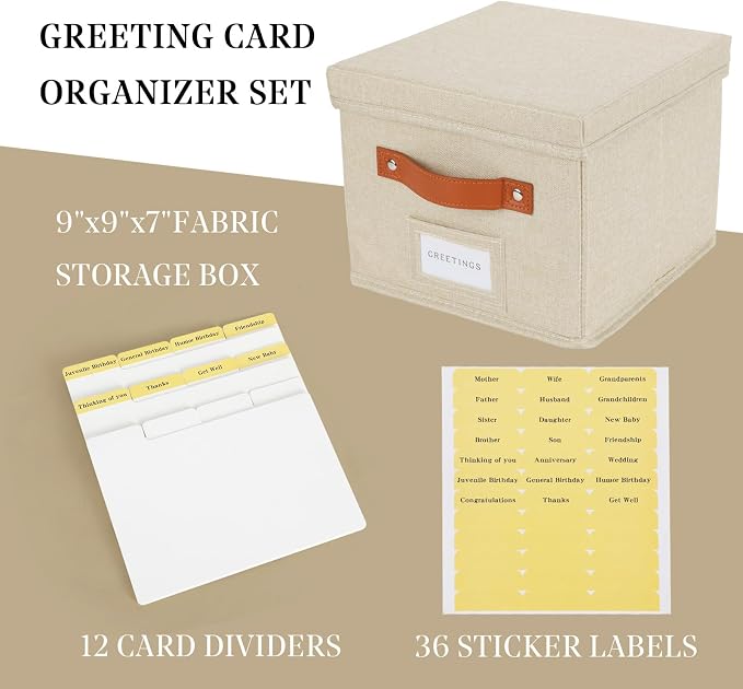 Greeting Card Organizer with dividers - Storage Box with lid Holds 150+ Cards - Assortment Box for Greeting Cards,Recipes, Photos, Envelopes, Keepsake - 9 x 9 x 7 Inches (Beige, 1 pcs) - Image 3
