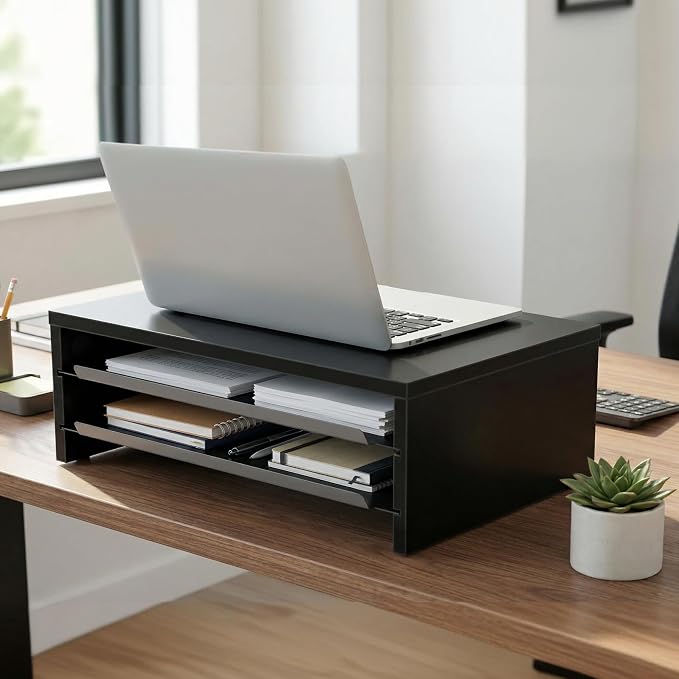 Fenge 14.3-Inch Monitor Stand with Slide-Out Trays, Wood & Metal Desk Shelf | 3-Tier Space-Saving Desk Storage Organizer, Fits Computer, Laptop, Printer and Telephone - Image 2