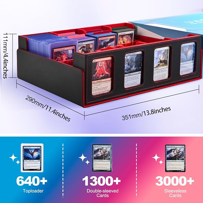 UAONO Trading Card Storage Box with Commander Display, Black Red | 2400+ Deck Box for MTG with Removable Cover, Top Loaders Card Case Fits Magic TCG PTCG Sports Cards, 24 Dividers, 4 Stoppers - Image 4