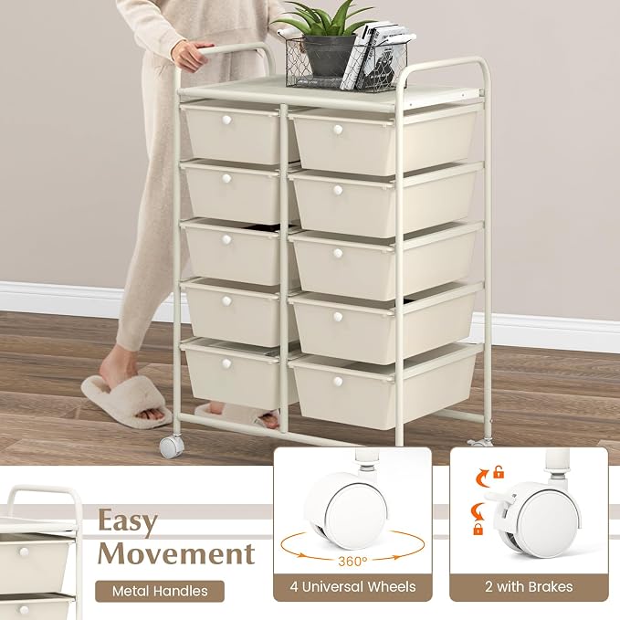 COSTWAY 10 Drawer Rolling Storage Cart, Utility Cart with Lockable Wheels | Mobile Art Supply Craft Organizer with Metal Frame, Multipurpose Drawer Cart for Paper for Office, School, White - Image 5