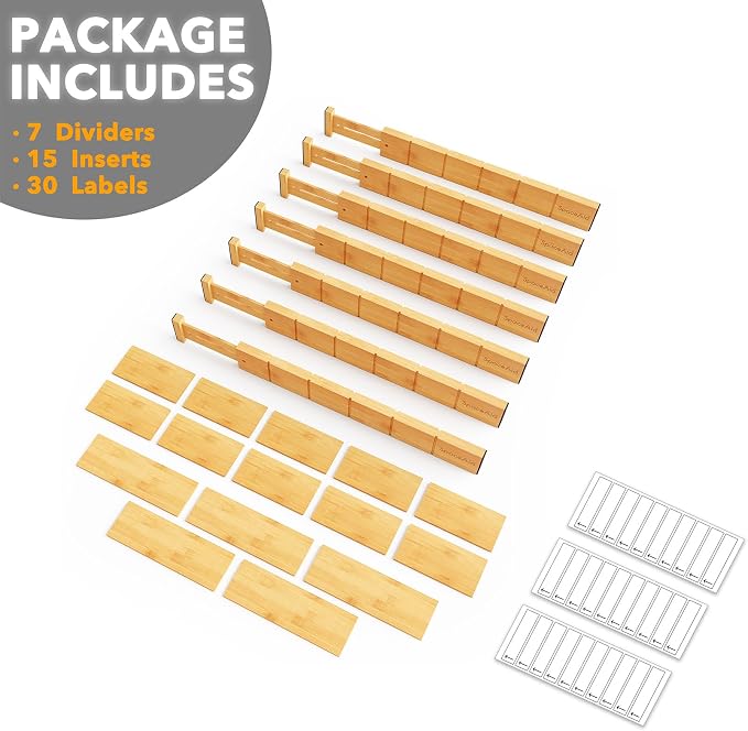 SpaceAid Bamboo Drawer Dividers with Inserts and Labels, Kitchen Adjustable Drawer Organizers, Expandable Organization for Home, Office, Dressers, 7 Dividers with 15 Inserts (17"-22" Natural) - Image 7