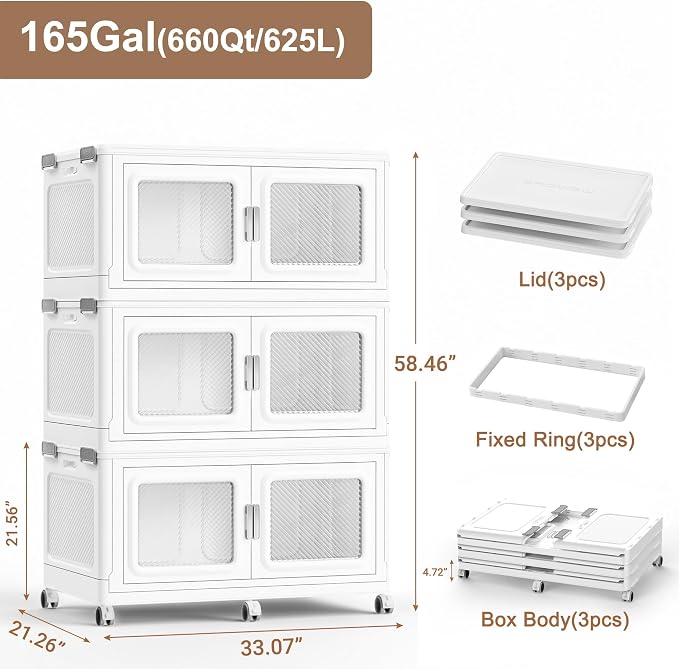 BROVIEW 660 Qt/165 Gal Stackable Storage Bins with Lids, 3 Pack, White | Large Stackable Storage Boxes w/ 3 Lid Folding Plastic Cart Organizer for Home Kitchen, Open Front Clear Door with Wheels - Image 9