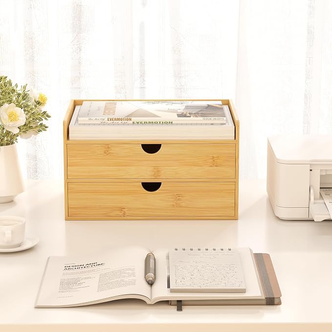 Wisuce Bamboo Desk Drawer Organizer, 2 Drawer Desktop Organizer with Drawers Tabletop Storage Organization Box for Office Home Toiletries Supplies Vanity, No Assembly Required - Image 5
