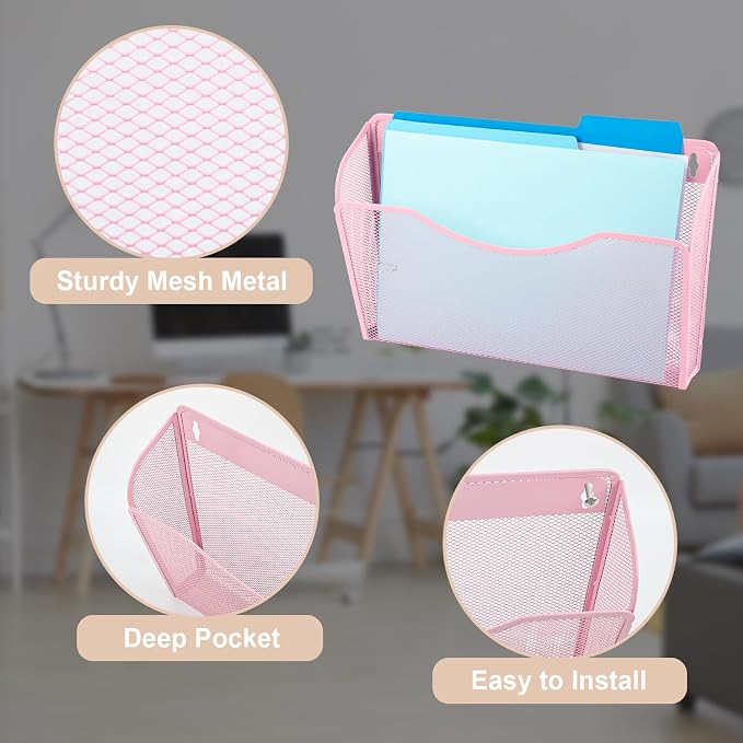 3 Single Pocket Mesh Hanging File Organizer, Vertical Wall Mounted Magazine File Holder, Mount Basket Mail Paper Document Folder Organizing for Office, Home and School, Pink - Image 3