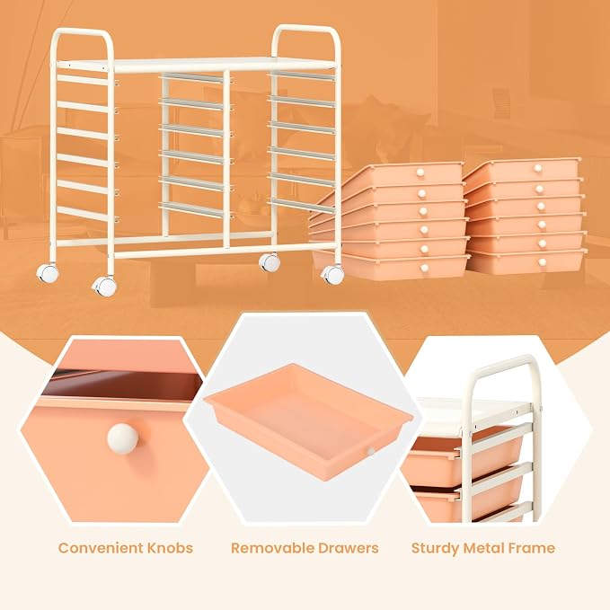 GOFLAME 12-Drawer Rolling Storage Cart, Multifunctional Art Craft Organizer Cart, Mobile Utility Storage Cart with Removable Drawers & Lockable Wheels, Craft Cart for Home Office School, Peach Fuzz - Image 6