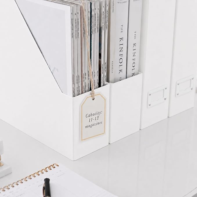 BLU MONACO Set of 6 Foldable White Magazine File Holders | Vertical Desk File Organizer Boxes With Leather Label Holders | Stylish Cardboard Magazine Storage for Shelves, Workspace and Home Office - Image 6