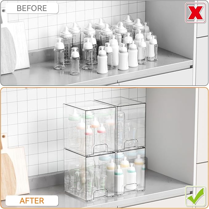 2 Pack Clear Stackable Storage Drawers,7.6" H Baby Bottle Organizer,Acrylic Drawer Containers for Cosmetics,Skincare,Beauty Products,Cabinet,Vanity,Kitchen,Under Sink and Bathroom Storage Bins - Image 4