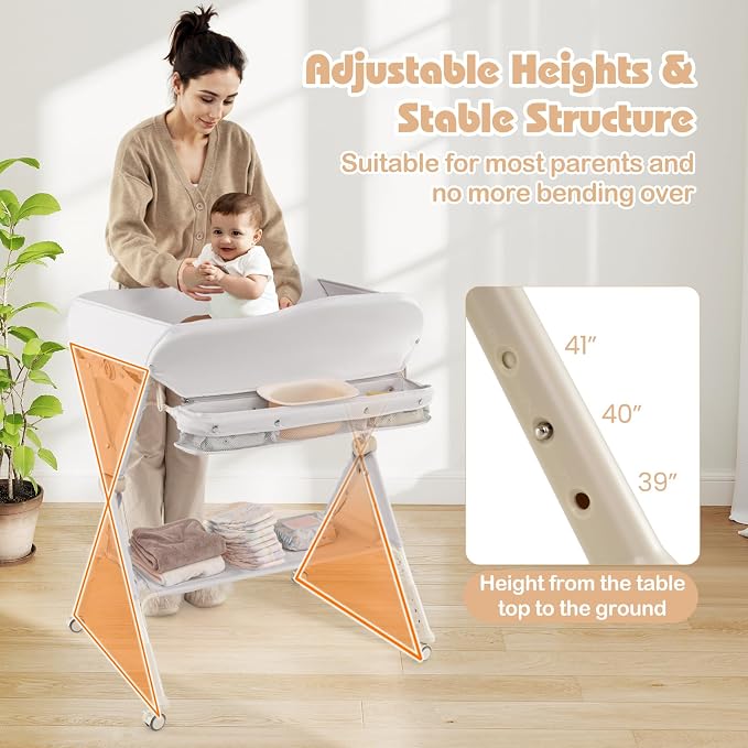 INFANS Baby Changing Table with Wheels, Portable Folding Diaper Station Nursery Organizer with Storage Basket, Hanging Rack, Adjustable Height, Safety Belt for Newborn Infant (Light Gray) - Image 8