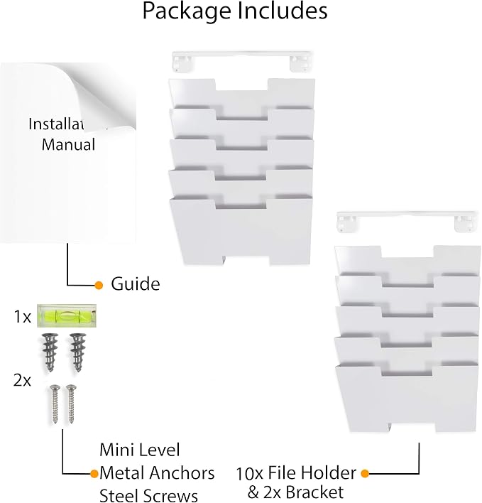 Wallniture Lisbon 10-Tier Wall Mounted File Holder and Desk Organizer, Metal White Office Organization and Storage Rack - Image 6
