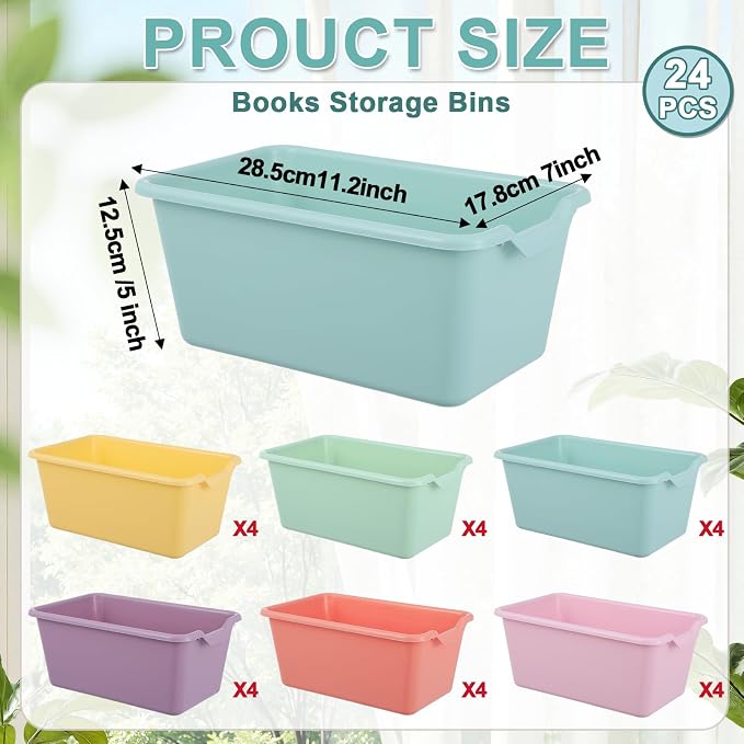 gisgfim 24 Pack Plastic Cubby Bins Classroom Book Bins Scoop Front Stackable Easy-to-Grip Toy Storage Tubs Containers for School Library Office Home Nursery Playroom Organization (Pastel Color) - Image 2