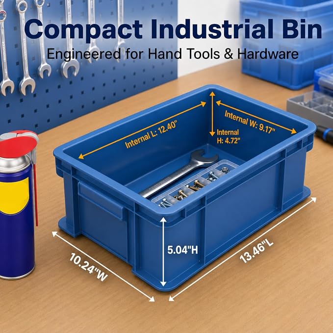 Heavy Duty Storage Bins, 1-Pack Stackable Tool Storage Box for Hardware, Screws, Nuts and Bolts, Space-Saving Straight Wall Container for Garage, Workshop & Factory, 13.5"L × 10.3"W× 5.1"H, Blue - Image 3