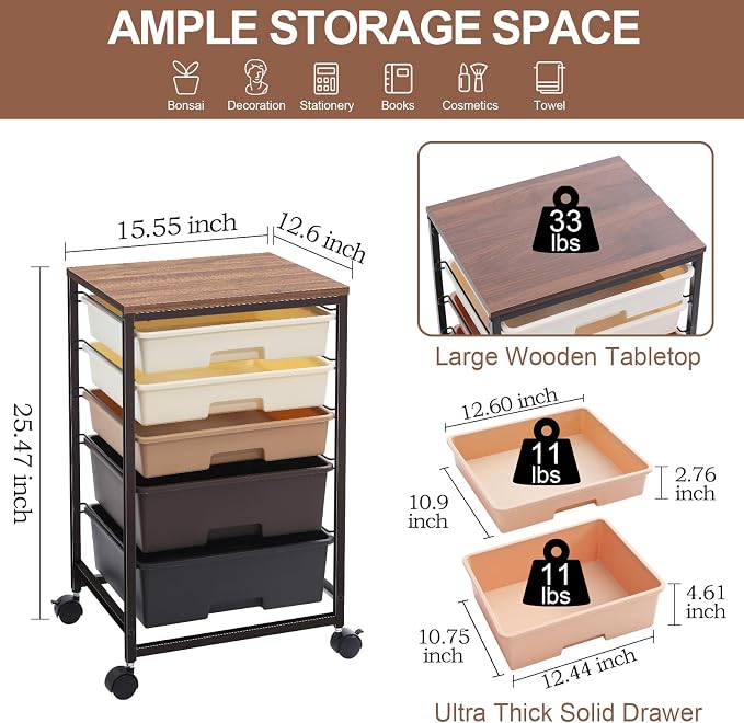 SYKIARIOL Rolling Cart with Drawers, 5 Drawers Utility Cart, Dark Brown | 5-Tiers Storage Cart with Drawers with Lockable Wheels for Craft Organizers and Storage,Home Office,Classroom,Dorm,Playroom - Image 3