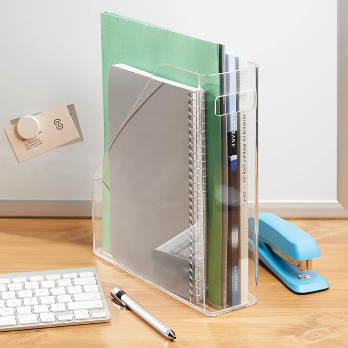 mDesign Plastic Slim Vertical File Folder Storage Organizer Bin with Handle, Hold Notebooks, Binders, Envelopes, Magazines for Home Office, Work Desktops, Ligne Collection, 8 Pack, Clear - Image 9