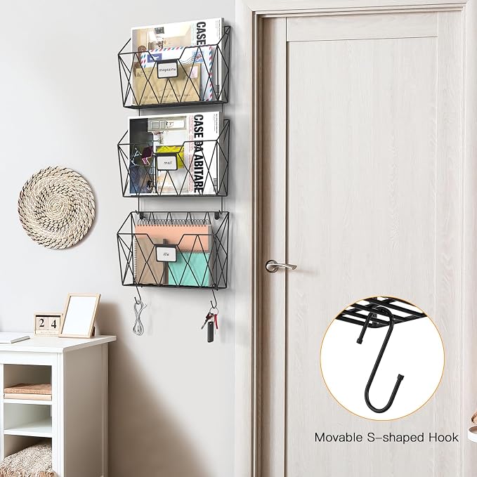 YBING Wall File Organizer Mesh Hanging Wall-mount Files Holder 6 Pack Hanging Wire Magazine Rack and Mail Holder with Hooks Office Wall Organizer for Papers Folders Files Clipboard Black - Image 6