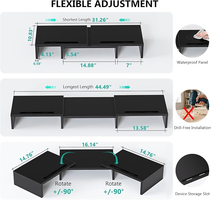 WALI Extra Long Wooden Dual Monitor Stand Riser with 2 Slots, up to 22lbs | Underneath Storage, Adjustable Length & Angle, Multi-Purpose Desktop Organizer Desk Shelf for Home Office PC, Laptop, Printer - Image 9