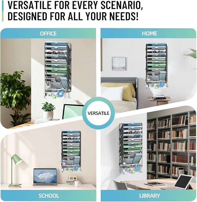10-Tier Wall File Organizer with 5 Hooks, Wall Mounted Mail Organizer | File Holder Organizer, Metal Mesh Office Wall Organizer for Home, School & Classroom - Image 4