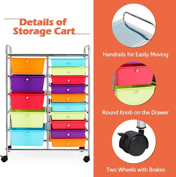 GOFLAME 15-Drawer Rolling Storage Cart, Craft Storage Cart with Removable Drawers & Lockable Wheels, Art Cart Supply Storage Organizer for Home Office Classroom, Multicolor - Image 5