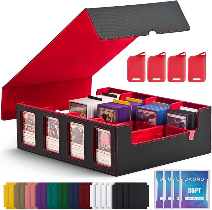 UAONO Trading Card Storage Box with Commander Display, Black Red | 2400+ Deck Box for MTG with Removable Cover, Top Loaders Card Case Fits Magic TCG PTCG Sports Cards, 24 Dividers, 4 Stoppers by UAONO