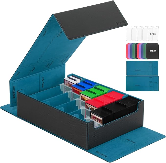 5 Row Trading Card Storage Box, 3800+Bulk Card Organizer Box with 20 Dividers & 5 Supporters, Graded Card Deck Box for YuGiOh, MTG, TCG with Double Lid Black/Cyan by Stepane