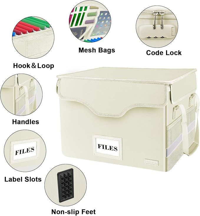 DocSafe Fireproof Document Box with Lock,File Storage Organizer with Zipper Pockets,Collapsible Portable File Box Home Office Safe Filing Cabinet with Handle for Hanging Letter/Legal Folders,Beige - Image 4