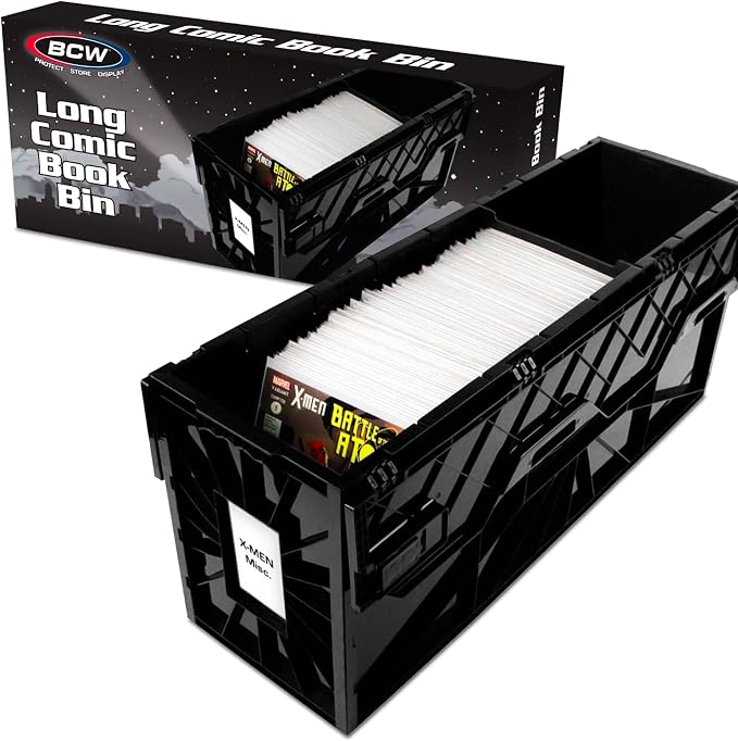 BCW Long Comic Book Bin - 1 Pack | Heavy Duty Comic Book Storage Box | Stackable Comic Bin Organizer for 300 Comics Each | Acid-Free Plastic Comic Book Box with Divider & Label Slot by BCW