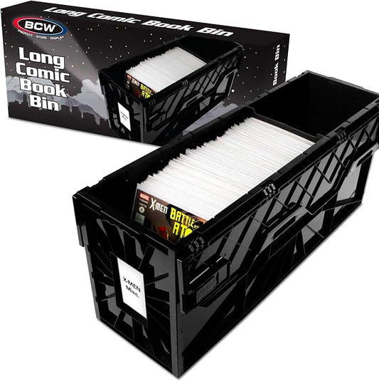 BCW Long Comic Book Bin - 1 Pack | Heavy Duty Comic Book Storage Box | Stackable Comic Bin Organizer for 300 Comics Each | Acid-Free Plastic Comic Book Box with Divider & Label Slot by BCW