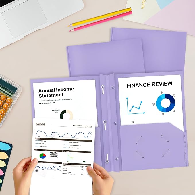 ViVin 12 Pack Heaty Duty Plastic Folders, 2 Pocket Poly File Plastics Folders with 3-Prong Fasteners, Pastel Color Plastic Folder for Letter Size Sheet, School Folder Kids Folder (Light Purple) - Image 6