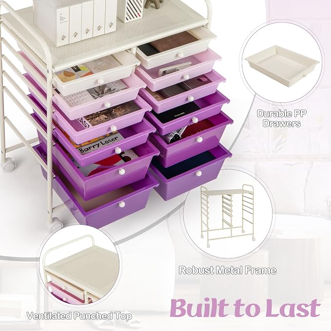 COSTWAY 12-Drawer Rolling Storage Cart, Moveable Art Craft Organizer | Lockable Wheels, Metal Shelf, Files Arrangement Tools Makeup Storage Cart for Office, Home, School (Purple Gradient) - Image 6
