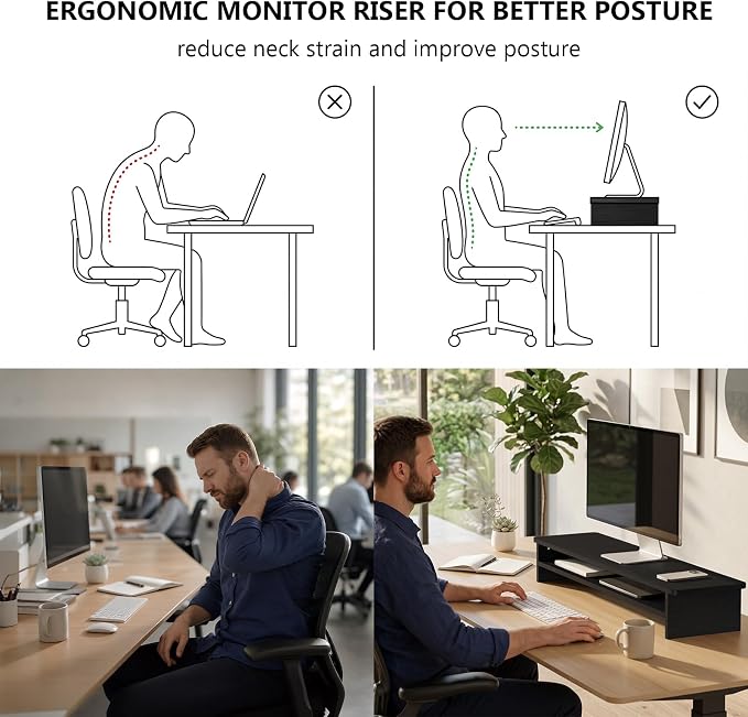 WALI 42 inch Large Wood Dual Monitor Stand Riser with Storage, up to 88lbs | Multi-Purpose Computer Stands, 2 Tier Desktop Organizer Desk Shelf for Home Office PC, Laptop, Printer, TV (WTT001), Black - Image 4