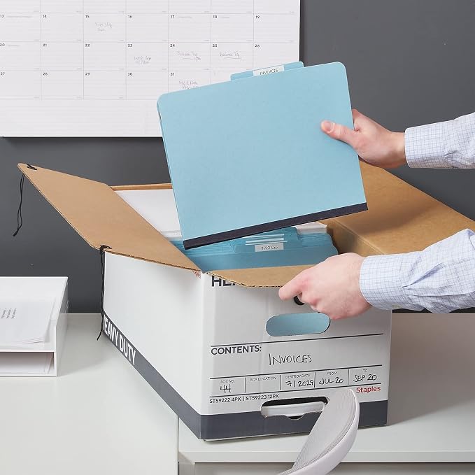 STAPLES Storage & Filing Box, Heavy-Duty with Handles & String-Button Lid, Letter Size Documents, Stackable, 4-Pack, White/Gray | Heavy-duty boxes with handles and string-button lid for document storage. - Image 7
