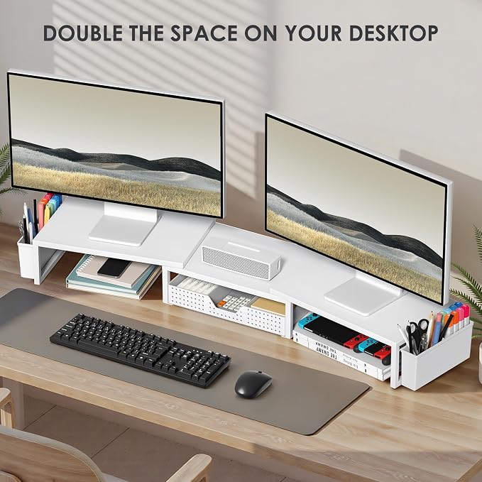 Desk Organizers and Accessories, Dual Monitor Stand Riser with Drawer and 2 Pen Holders, Desk Shelf Computer Racks for Office Workspace Organizers, Desktop Organization (White) - Image 4
