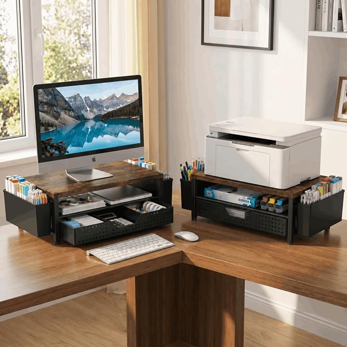 ECOLOVI Desk Organizer and Accessories, 2-Tier Computer Monitor Stand Rise with Storage Drawer & 2 Pen Holders, Laptop & Printer Stand for Desktop, Workspace Organizers for Office Supplies (Brown) - Image 6
