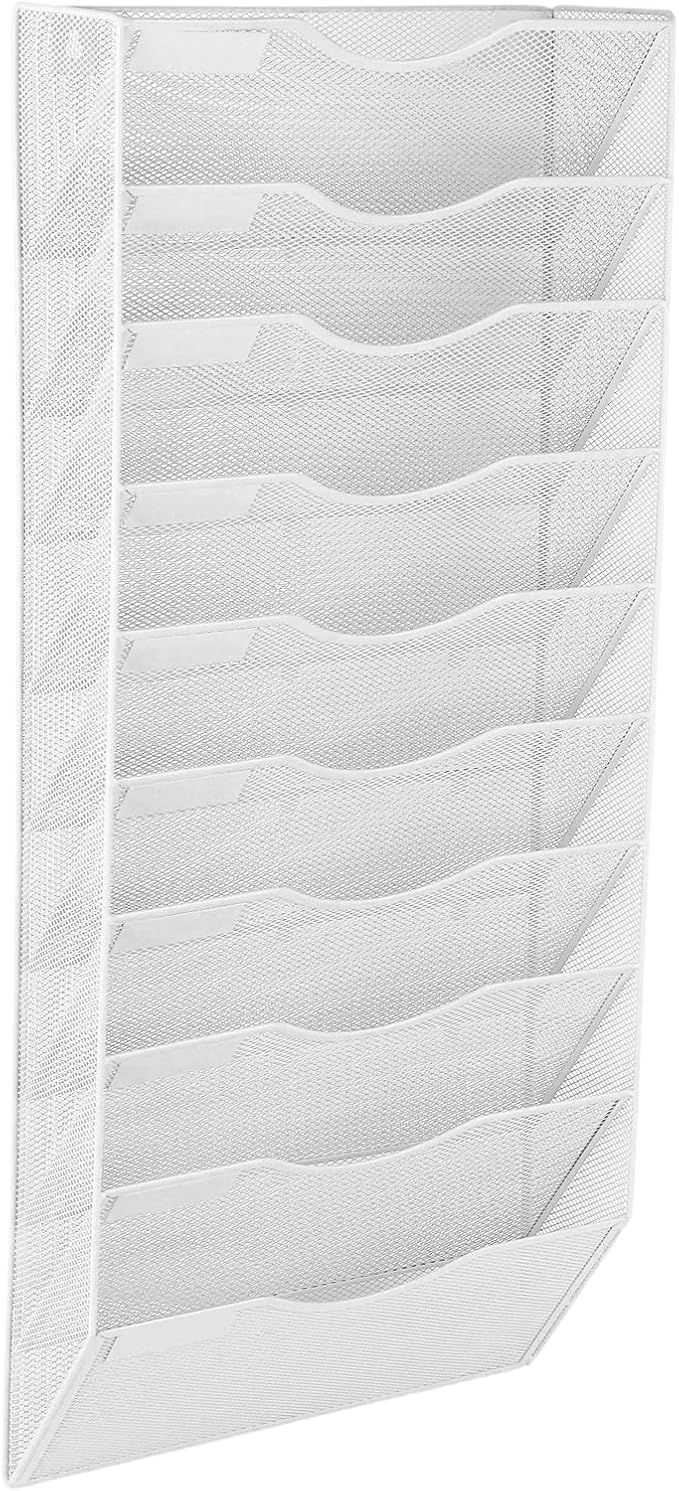 10 Pocket Mesh Hanging Wall File Organizer, Wall Mounted Mail Paper Document Folder Holder, Clipboard Storage Organization Magazine Rack with Nametag Label for Office Home School, White - Image 8