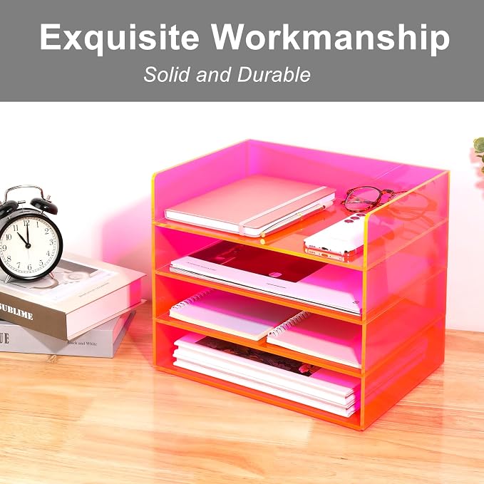 Gelite Acrylic File Organizer for Desk 4 Tiered Stackable Letter Tray Office Paper Storage Desktop Document Sorter, Neon Pink - Image 7