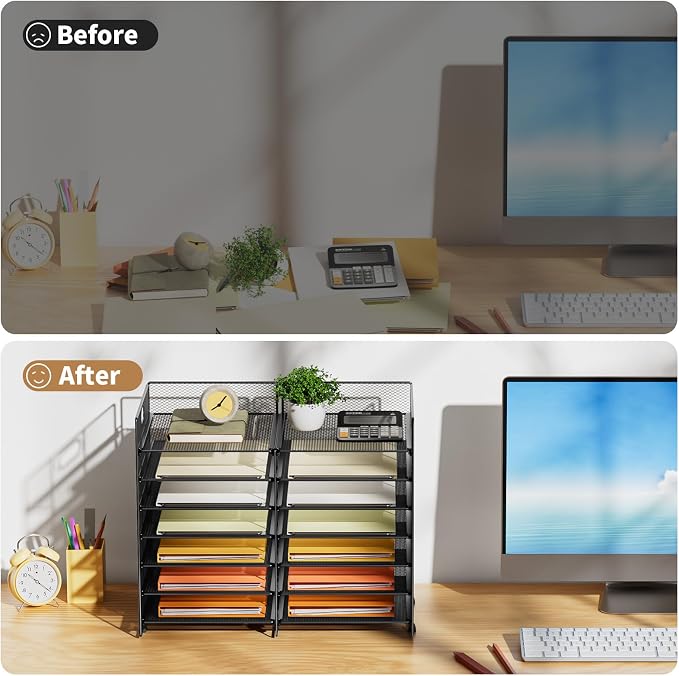 Marbrasse 12 Slots Desktop Literature Organizer, 7-Tier Mesh Paper Organizer for Desk, Adjustable Mail File Sorter Tray with Handle, Desktop Classroom Mailbox Cabinet for Office Home School, Black - Image 4