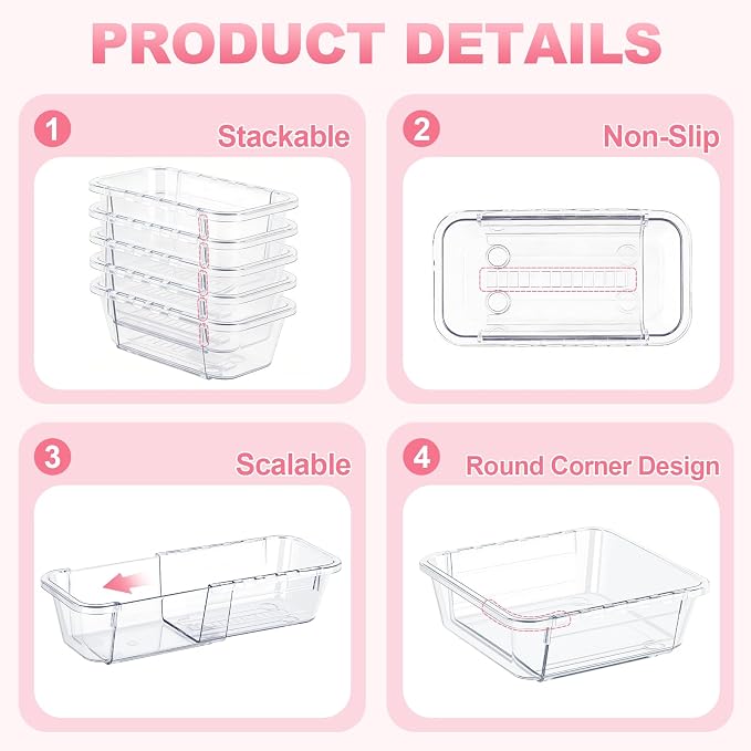 autumndeer 12 Pack Drawer Organiser Set, Adjustable Makeup Drawer Organizer, 2-Size Stackable Clear Plastic Storage Organizer Bins, Drawer Dividers Set for Vanity, Bathroom, Desk, Office, Bedroom - Image 5