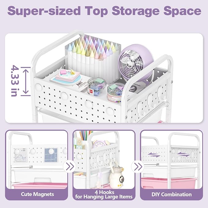 5 Drawer Rolling Storage Cart with Pegboard Top and Hooks, Dreamy Color | Mobile Organizer Cart with Wheels for Office Supplies, Craft Storage, Classroom Organization, Home Utility Cart - Image 4