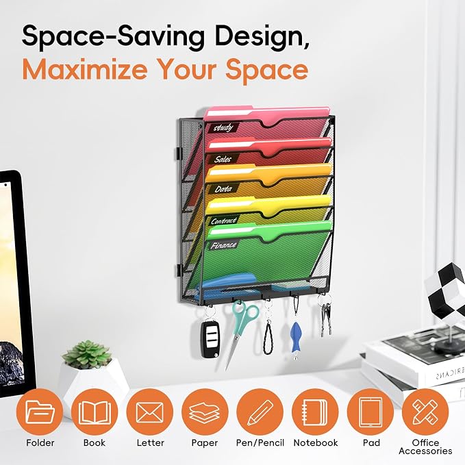 6-Tier Wall File Organizer with Hook, Hanging File Organizer Black | Wall-mounted mail storage holds papers, folders, files, clipboards and magazines, assembly required for office or home use. - Image 4