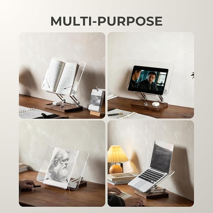 muso wood Acrylic Book Stand with Walnut Storage & Elastic Clips | Adjustable Desktop Holder, Supports Cookbooks, Magazines, Tablets and Laptops - Image 6
