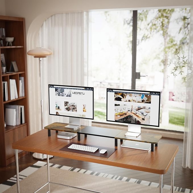 43.7" Extra Long Dual Monitor Stand Riser, Wood & Steel Monitor Stand for 2 Monitors, Wide TV Stand, Desktop Riser for Desk Organization, Home Office、Laptop,Printer,TV (Vintage black) - Image 2
