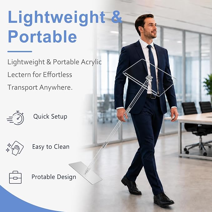 Podium Stand, Lecterns & Podiums, Acrylic Podium, Portable Podium Stand, Adjustable Angles with Metal Base, Podium for Classroom, Church, Weddings, Speech, 16" L x 12" W x 48" H, Clear - Image 5