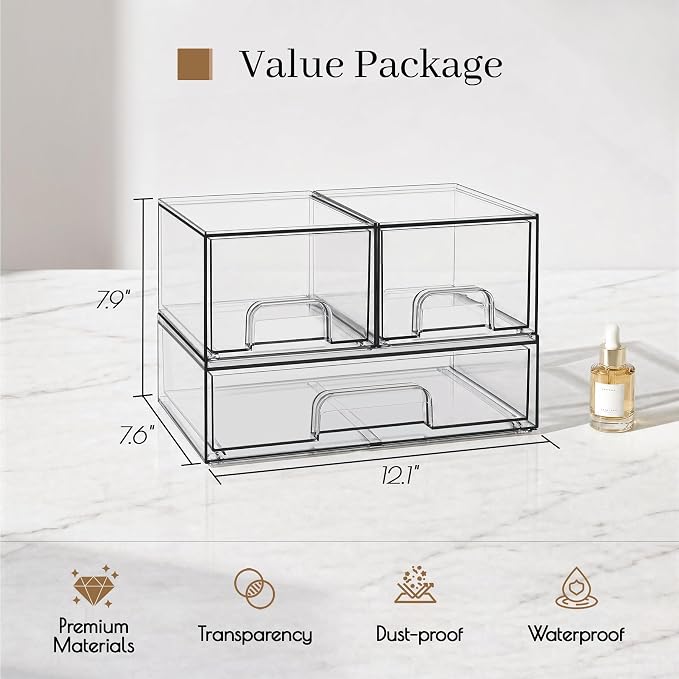 Clear Stackable Storage Drawers, Acrylic Bathroom Makeup Organizer, Plastic Bins for Art Tool & Sketch, Durable Containers for Countertop, Cabinet, Vanity, Medicine Organization - Image 3