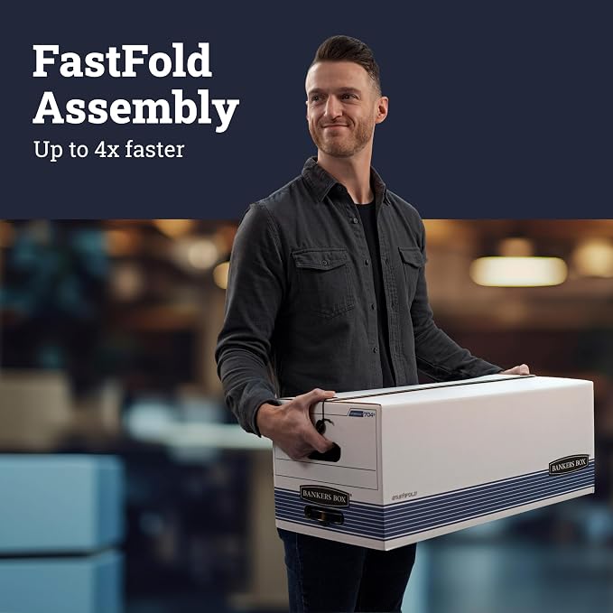 Bankers Box 12-Pack String & Button Medium-Duty File Box, Letter, FastFold | Keep important records buttoned up with secure closure, FastFold setup, reinforced handles, and stackable strength. - Image 3