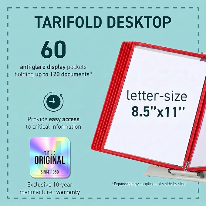Tarifold Desktop Reference Display System, 60 Pockets, Red | 60 Double-Sided PVC Pockets, Holds 120 Letter-Size Sheets, Sturdy Metal Base, Quick-Find Indexing, Quick and Easy to Assemble - Image 2