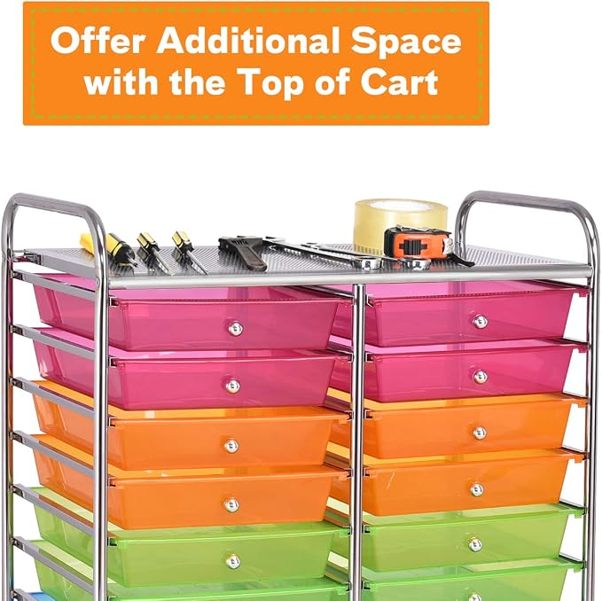 GOFLAME 20-Drawer Rolling Storage Cart, Multifunctional Art Craft Organizer Cart, Mobile Utility Storage Cart with Removable Drawers & Lockable Wheels, Craft Cart for Home Office, Rainbow - Image 4
