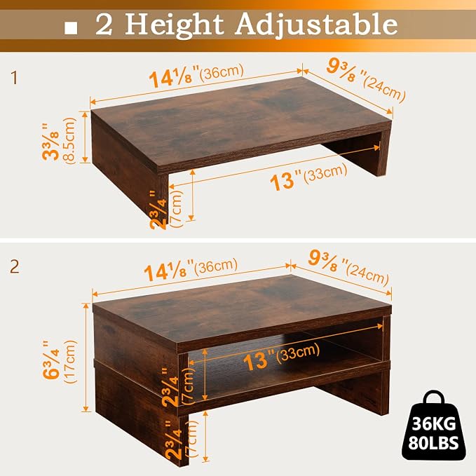 TEAMIX 2 Pack and 2 Drawers Rustic Brown Wood Monitor Stand Riser for 2 Monitors/Laptop/PC, Wood Screen/TV Stand Desk Organizer. - Image 5