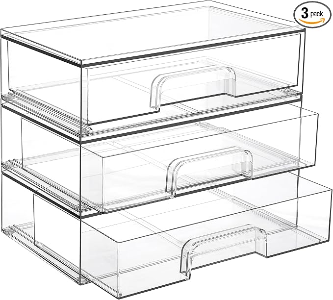 Vtopmart 12.1''W Clear Stackable Storage Drawers,3 Pack Acrylic Plastic Organizers Bins for Makeup Palettes, Cosmetics, and Beauty Supplies,Ideal for Vanity, Bathroom,Cabinet,Desk Organization | Clear Pull-Out Plastic Drawers, Stackable Design for Make... by Vtopmart