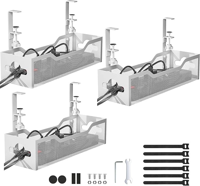 Under Desk Cable Management Tray 3 Pack, Cable Management Under Desk No Drill, Cable Organizer with Clamp for Wire Management, Cord Organizer for Office, Home - No Damage to Table (White) by Litwaro