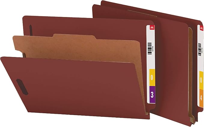 Smead 100% Recycled End Tab Pressboard Classification File Folder with SafeSHIELD Fasteners, 1 Divider, 2" Expansion, Legal Size, Red, 10 per Box (29855) by SMEAD