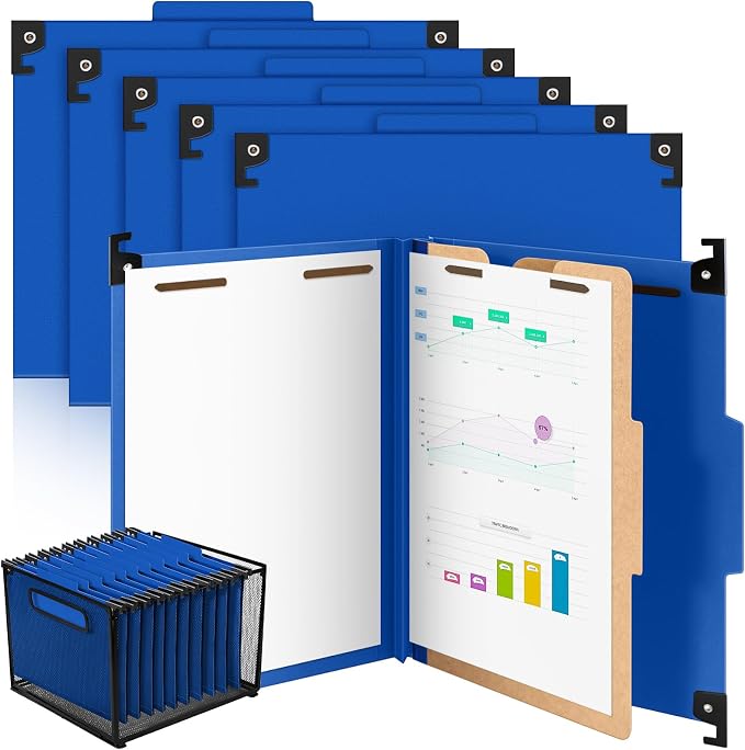 Henoyso 10 Pcs Hanging Classification Folders Bulk with 2 Prongs, 1 Divider Letter Size, 2 Inch Expansions Pressboard File Folder, 1/3-cut Tab File Organizer for Medical Law Client Files (Dark Blue) by Henoyso